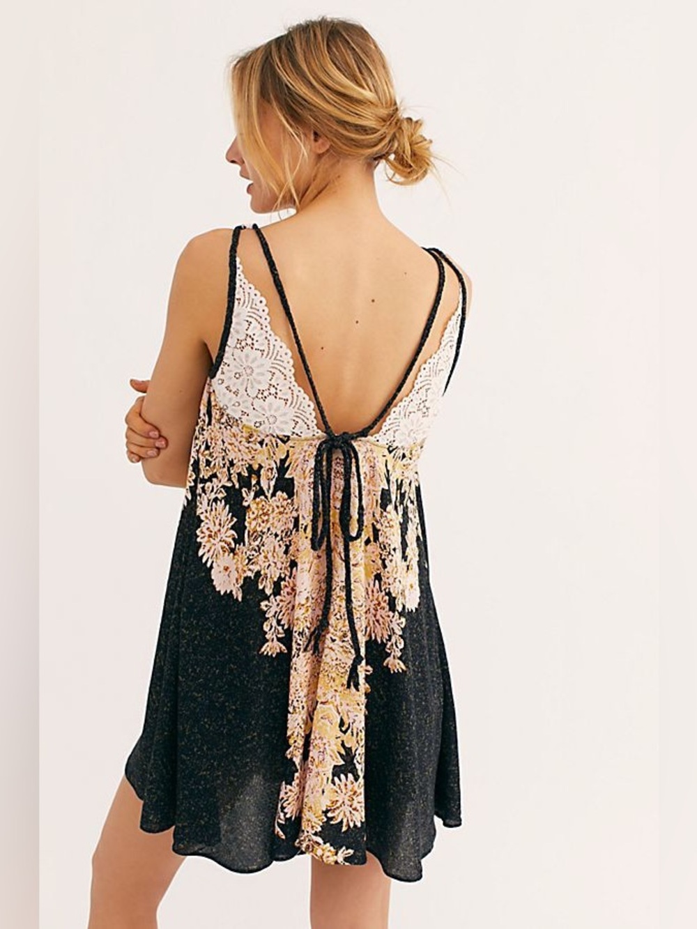 Free People size XS morning sun slip Floral Lace-Back Sundress - Black and Cream
